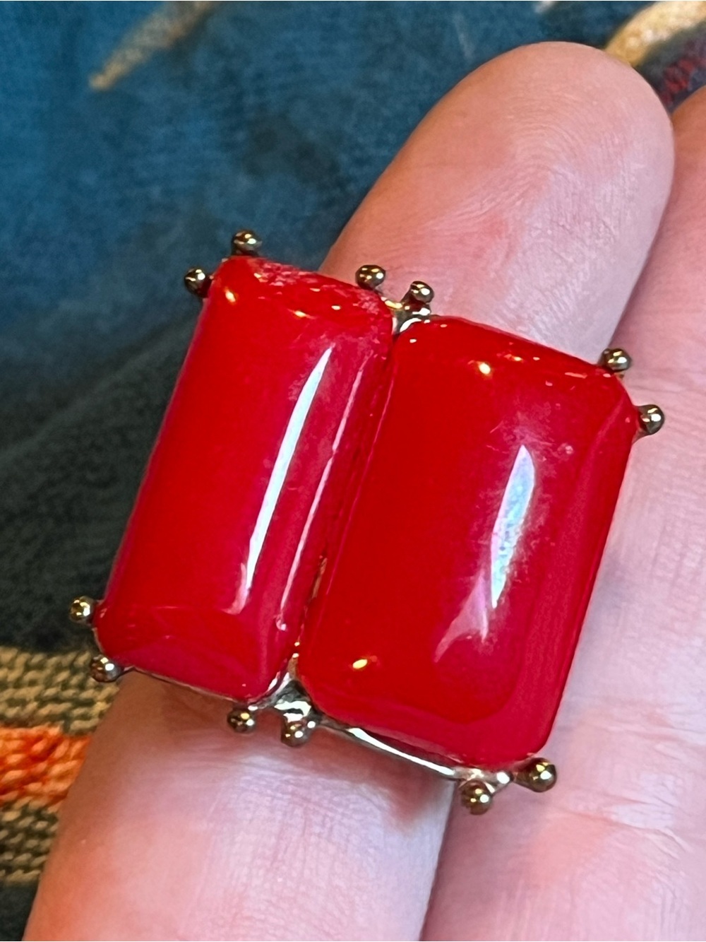 Vintage Cherry Red Double-Rectangle Statement Ring - Women Jewelry
